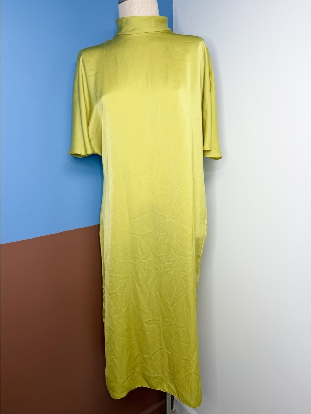 ASOS Chartreuse Mock Neck‎ Satin Midi Dress NWT Size 8